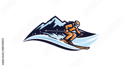 Dynamic Skier Descending Snowy Mountain Slope in Action.