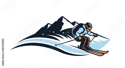 Dynamic Skier Descending Snowy Mountain Slope with Speed and Agility.