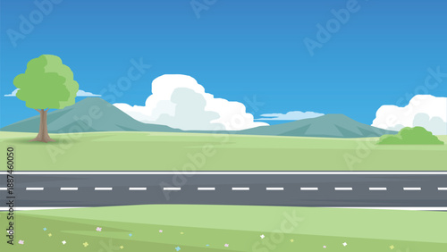 Simple natural landscape with an asphalt road winding through green meadows. Flowers bloom on the hillsides. Solitary towering tree stands tall. Mountains bloom beneath a azure sky and clouds.
