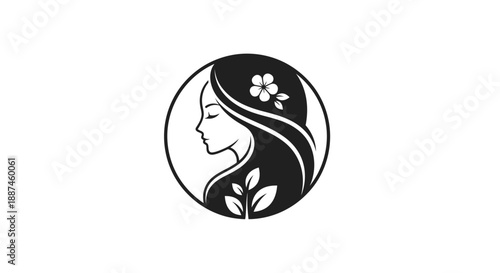 Elegant Woman Profile with Floral and Leafy Accents.