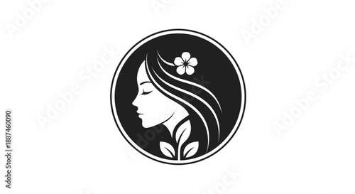 Elegant woman profile with flower and leaves in a circular logo design.