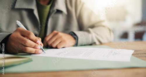 Foto Sign, documents and hands of business man in office for onboarding, company policy and agreement