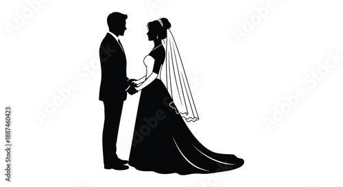 A silhouette of a bride and groom standing closely together holding hands representing love and commitment high quality