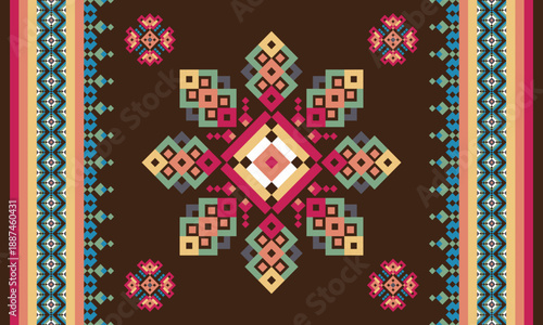 Bold ethnic geometric pattern with detailed symmetrical shapes on a dark blue background, inspired by traditional handcrafted textiles.