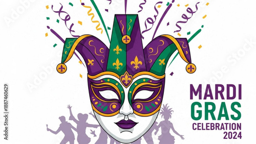 Mardi Gras Mask Celebration with Confetti and Silhouettes of Dancing People 2024