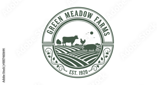 Green Meadow Farms vintage emblem with farm animals and rolling hills.