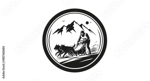 Man with dogs pulling sled in snowy landscape.