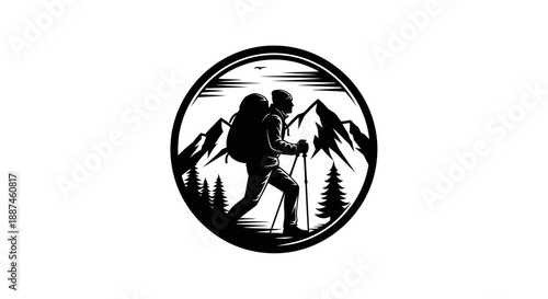 Silhouette of a hiker with backpack and trekking poles in a mountain landscape.