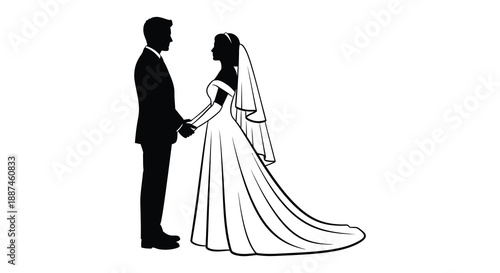A striking black and white silhouette depicts a bride and groom facing each other holding hands in a romantic pose