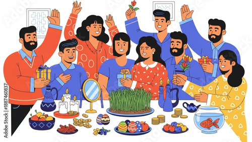 Happy Diverse Family Celebrating Nowruz with Traditional Haft-Seen Table
