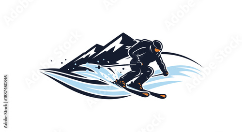 Skier in Action on Snowy Mountain Slope.