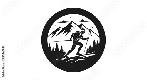 Skier in action with mountains and trees in a circular emblem.