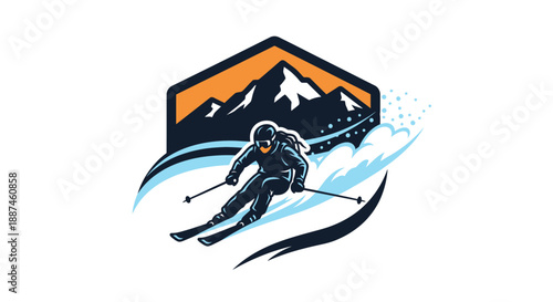 Skier racing down a snowy mountain slope with ski poles.