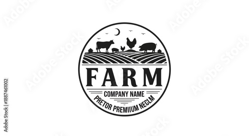 Vintage Farm Logo with Livestock and Fields at Night.