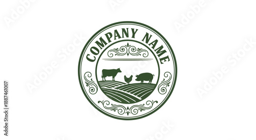 Vintage Farm Logo with Livestock and Fields.