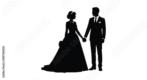 A striking silhouette depicts a formally dressed couple holding hands suggesting a wedding or celebratory event high quality