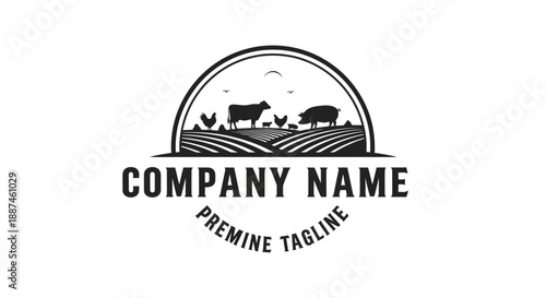 Vintage Farm Logo with Livestock and Fields.