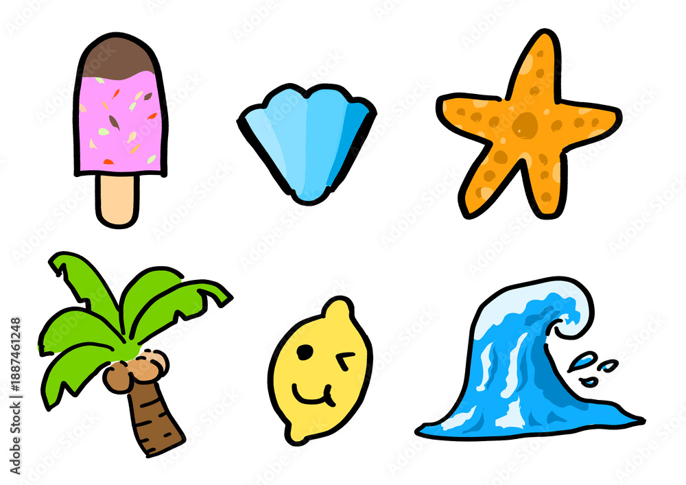 Fototapeta premium Hand Drawn Summer Doodle Icons Set with Sun, Ice Cream, Tropical Fruits, Beach Objects, Sea Elements, Vacation Symbols, Cute Cartoon Style Illustration Isolated on White Background for Design, Sticker