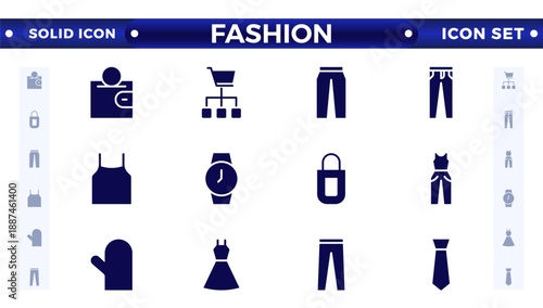 Clothing solid icon set. Dress, polo t-shirt, jeans, winter coat, jacket, pants, skirt, minimal vector illustrations. Simple, solid signs for fashion application. Fashion, sewing, clothing. 