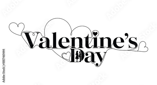 A simple black and white illustration showcases the text valentine s day surrounded by delicate heart shapes evoking romance