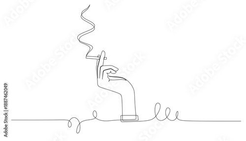 Continuous line art of a hand holding a lit cigarette with smoke. This image is for a cigarette shop banner. Vector illustration.