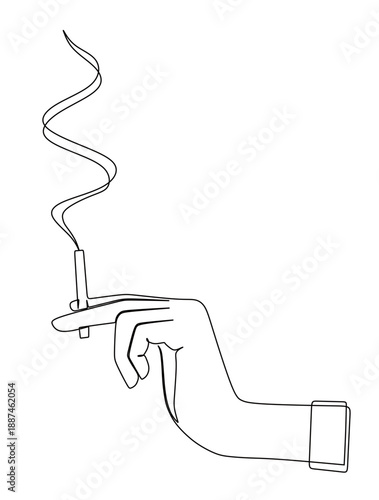 Continuous line art of a hand holding a lit cigarette with smoke. This image is for a cigarette shop banner. Vector illustration.