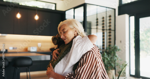 Fotografija Friends, women and hug in home for comfort, compassion and emotional connection for understanding