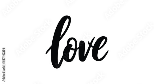 A simple elegant black cursive depiction of the word love against a stark white background showcasing affection