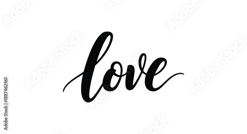A beautiful elegant handwritten calligraphy illustration of the word love is presented in a minimalist style on a white background
