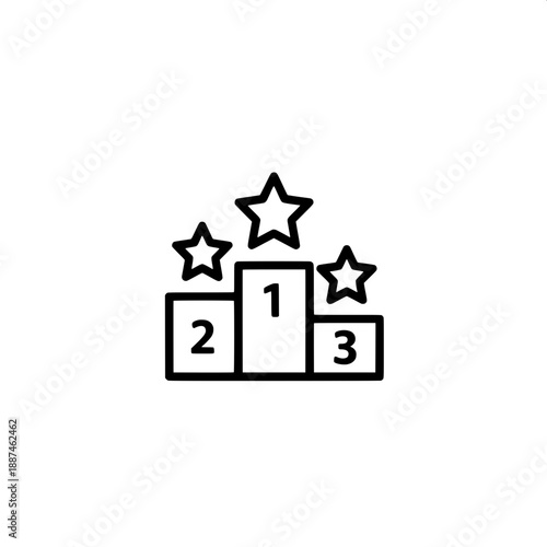 Simple outline icon depicting a classic winner's podium with three steps and prominent stars, symbolizing success, first place, and achievement in competition, business, or personal goals