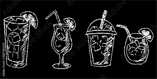Set of iced drink menu chalk drawing vector for blackboards. Ideal for cold beverage art, rustic cafe lists, summer refreshments, and bar signs.
