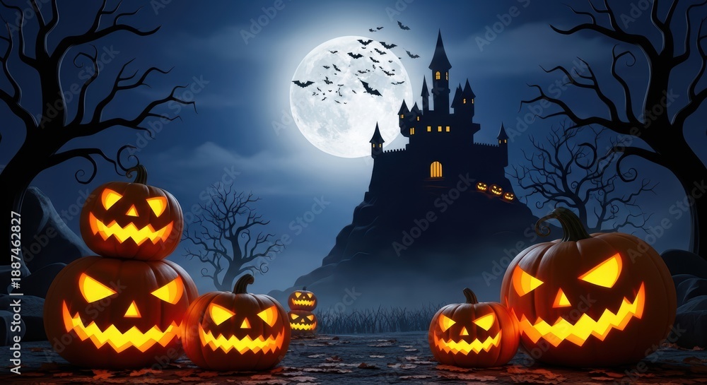 Fototapeta premium Spooky Halloween Night With Jack O Lanterns And Castle Under Full Moon With Bats