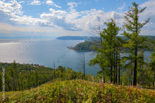 Quadro em tela Top view of Baikal lake and the source of the Angara river on a sunny September day