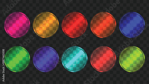 A collection of ten vibrant transparent checkered circular glass or plastic discs in various colors arranged on a dark background.