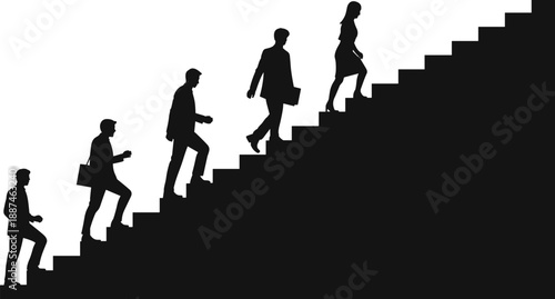 Business people silhouette walking up stairs symbolizing success, career growth, leadership and professional development in a modern corporate concept for design and marketing projects.