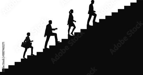 Business people silhouettes walking up stairs symbolizing success, leadership, teamwork, strategy and career growth for corporate, marketing, motivational and professional development design projects.