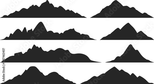 Collection of mountain silhouette landscape shapes featuring natural scenic peaks, rolling hills and abstract ridge formations for nature backgrounds, outdoor travel themes and modern design projects