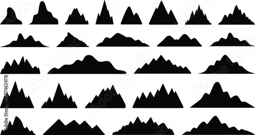 Large collection of mountain silhouette shapes with natural scenic peaks, rolling hills and abstract ridge formations for nature backgrounds, outdoor travel themes and modern design projects