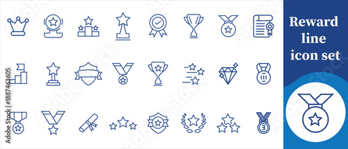 Award line icon set, distinction, isolated, mark, flat, place, praise, graphic, victory, difficult, merit, collection, click, prestige, transparent background, glyph, editable stroke and more