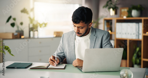 Photos Creative, writing and man with notebook, office and planning for ad campaign, productivity and ideas