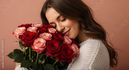 Woman Smelling a Bouquet of Red and Pink Roses.