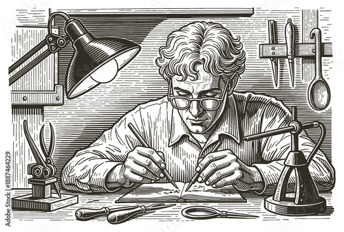 Detailed Engraving of Craftsman Working on Wood or steel in Vintage Style