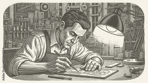 Detailed Engraving of Craftsman Working on Wood or steel in Vintage Style