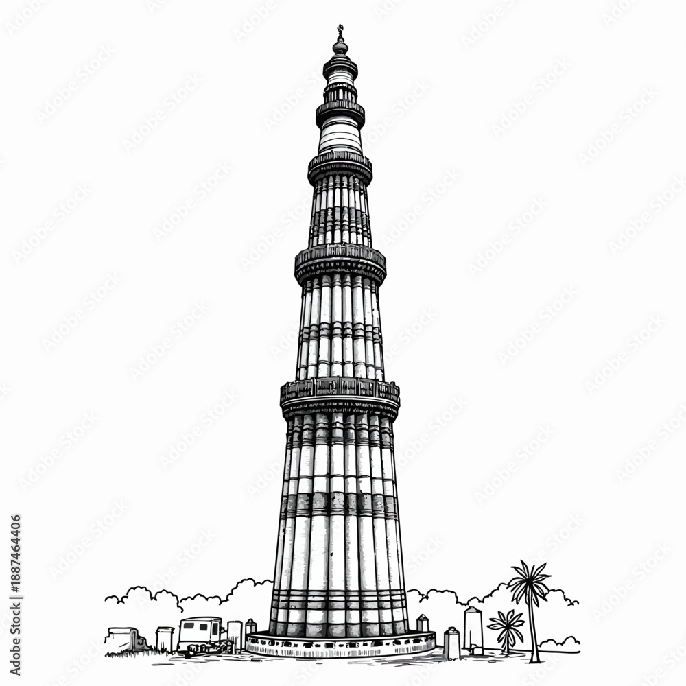 Obraz premium Qutub Minar Delhi Line Art Vector Illustration Isolated on White