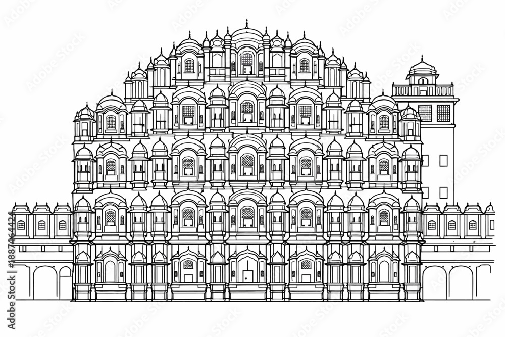 Fototapeta premium Hawa Mahal Jaipur Rajasthan Line Art Illustration, Detailed Black and White Drawing of Famous Indian Palace with Jharokha Windows, Lattice Facade and Rajput Mughal Architecture 