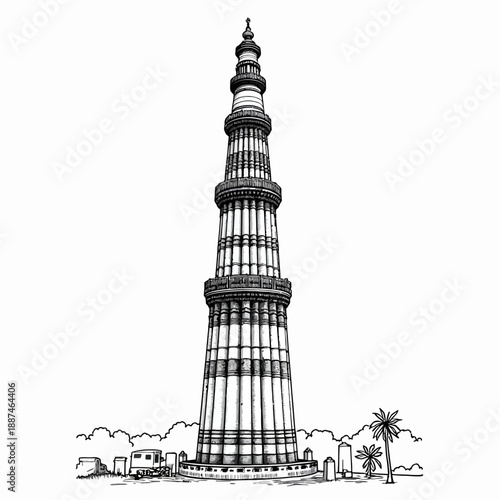 Qutub Minar Delhi Line Art Vector Illustration Isolated on White