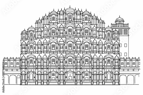Hawa Mahal Jaipur Rajasthan Line Art Illustration, Detailed Black and White Drawing of Famous Indian Palace with Jharokha Windows, Lattice Facade and Rajput Mughal Architecture	
