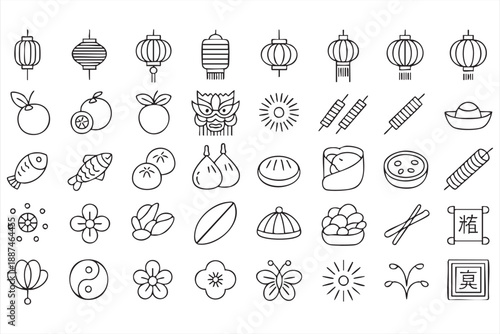 Chinese Festival Line Icons with Traditional Lanterns and Cultural Symbols