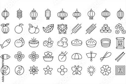 Chinese New Year and Festival Symbols in Clean Line Style