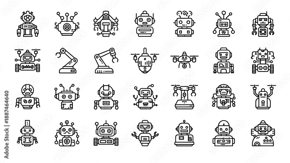 Obraz premium Robots icons set in black outline.